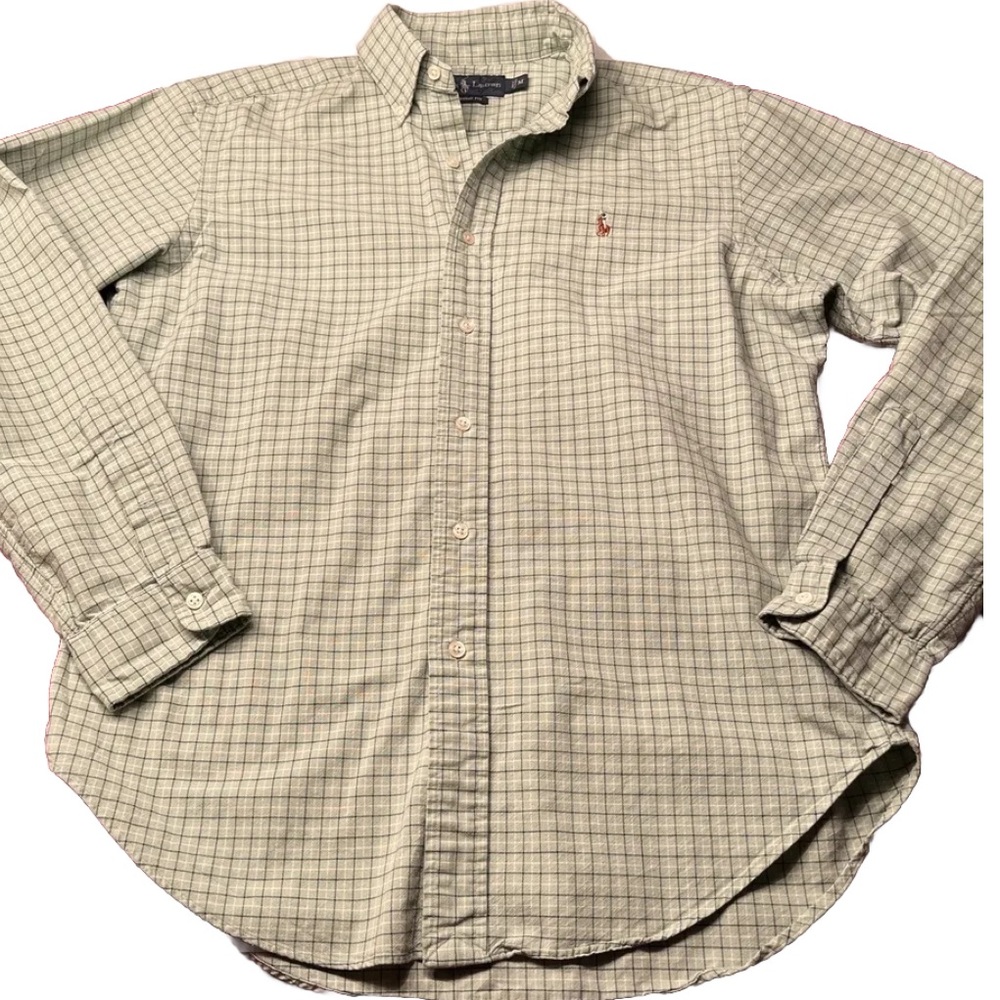 Ralph Lauren Green Plaid Shirt Classic Fit Button Cotton Long Sleeves Tan Logo M